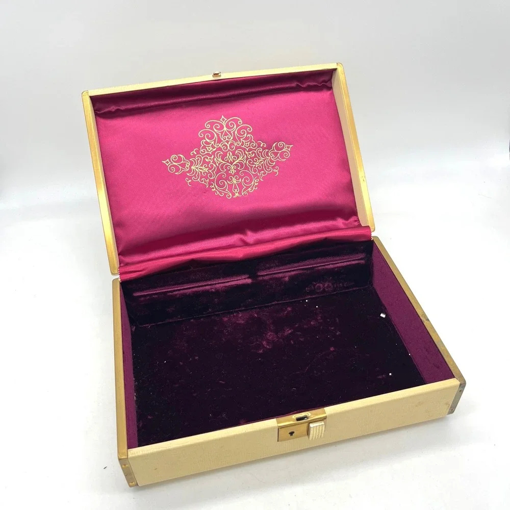 Vintage Farrington Jewelry Box Cream Faux Leather Gold Scrollwork Purple Velvet